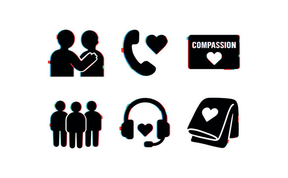 six different glitch effect illustration isolated on white backgorund compassion empathy training module compassion patient outreach call script compassion kindness token card compassion