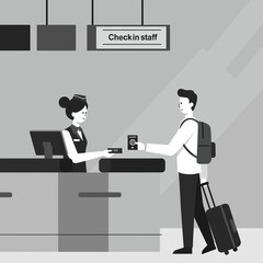 An illustration depicting a male traveler checking in at an airport counter, presenting his passport and luggage to the female staff member.