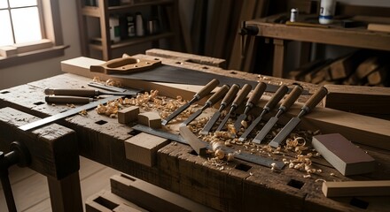 Carpenter Workshop With Hand Tools And Wood