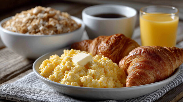 Elegant breakfast flat lay featuring steaming coffee, fresh juice, scrambled eggs, pancakes with butter syrup, croissants, and cereal bowl in rustic warm morning interior ambiance,breakfast spread rus