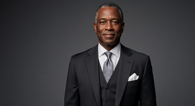 Confident mature Black businessman in a formal suit posing for a corporate headshot. Portrait of an experienced professional leader.