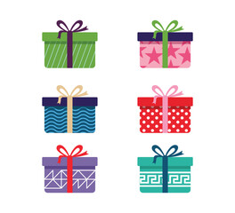 Six colorful, patterned gift boxes with ribbons, ready for giving.