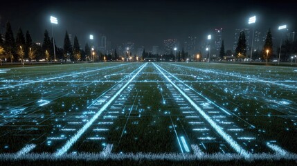 Futuristic sports field at night, glowing data lines