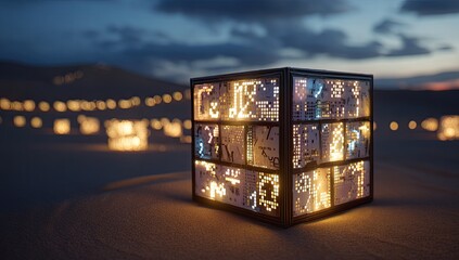 Lit cube, glowing symbols, desert