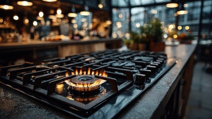 Gas stove burner with flames in a modern kitchen