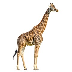 Naklejka premium A giraffe stands against a white background, its long neck and patterned coat clearly visible