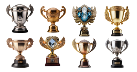Collection of Various Award Trophies in Different Designs and Styles, isolated on transparent background