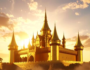 Golden castle at sunset, majestic and imposing, set against a cloudy sky