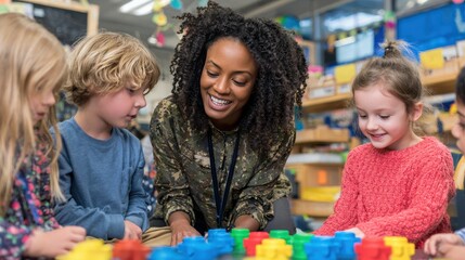 Preschool teacher leading a STEAM activity with colorful blocks
