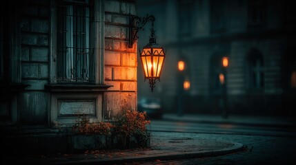 An evocative night scene of a historic building with an ornate, illuminated lantern casting a warm glow.