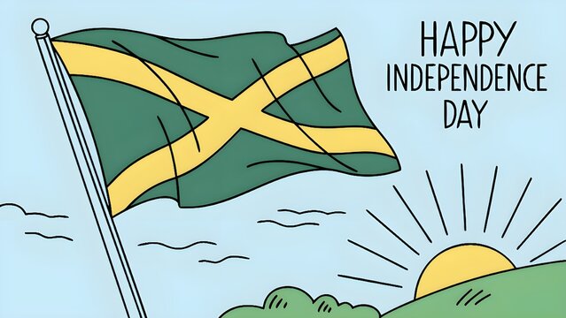 Jamaican flag waving proudly on independence day with sunrise and text - Powered by Adobe