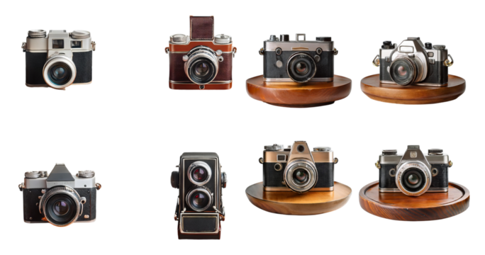Vintage Camera Collection Displayed on Wooden Round Stands, PNG bundle collection, Isolated on Transparent Background