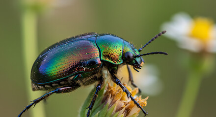 Naklejka premium Iridescent Beetle on Flower A Macro Shot of Nature's Tiny Jewel, showcasing vibrant colors and detailed textures