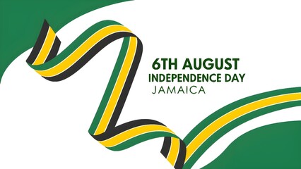 Jamaican independence day celebration with waving flag ribbon and text