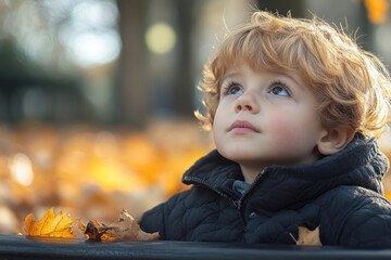 Young boy gazes skyward on a park bench.