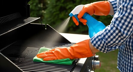Man in orange rubber glove cleaning barbecue grill with blue spray bottle and rag. Summer outdoor grilling preparation.