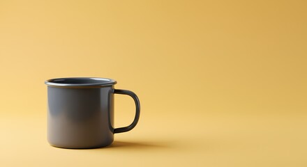 Single Gray Enamel Mug on Yellow Background Minimalist Coffee Cup Studio Shot
