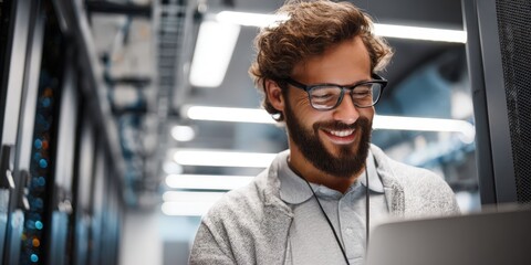 Happy Network Administrator Working in Modern Server Room