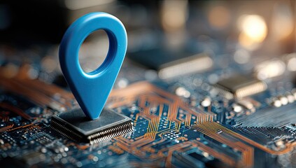 A blue map marker icon sits atop a computer circuit board.  Close-up view of technology