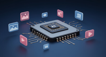Futuristic artificial intelligence processor analyzing multimedia content. 3D rendering of an AI chip for data processing and machine learning.