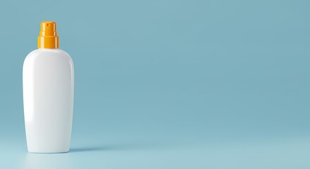 White Plastic Bottle with Orange Sprayer on Light Blue Background Product Packaging Cosmetic Container Sunscreen Mockup