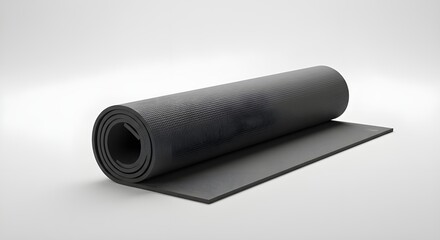 Black Yoga Mat Rolled Up on White Background