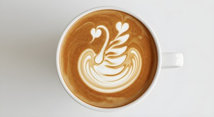 Latte Art Swan Design in Coffee Cup on White Background