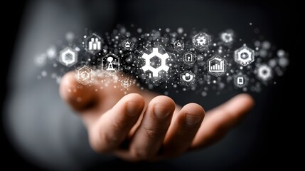 IT Consulting. Businessman holds digital consulting network connecting icon representing IT solutions, focusing on innovation, strategy, optimization, growth, and technology-driven success