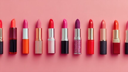 Obraz premium Line of Colorful Lipsticks on Pink Background