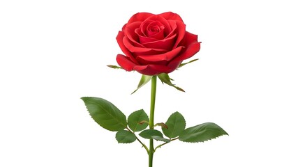 Red Rose with Green Leaves on White Background