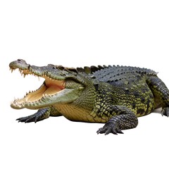 Naklejka premium A large crocodile with its jaws open, showcasing its teeth and textured skin against a white background