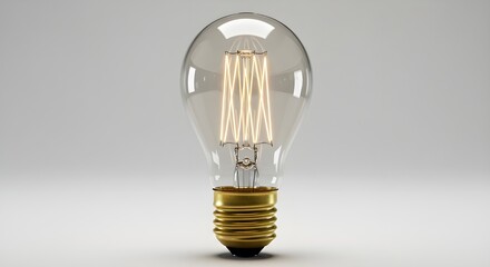 Vintage Light Bulb with Filament Glowing on White Background