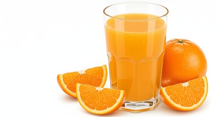 Fresh Orange Juice in Glass with Sliced Oranges on White Background