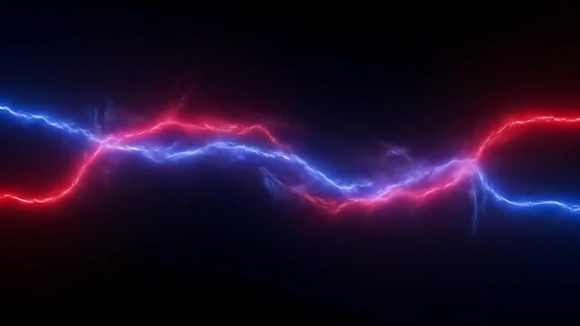 Vibrant electric lightning bolts in red and blue against a dark background, creating dramatic energy