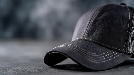 Close up of  black baseball cap with detailed stitching and  mesh back