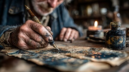 Obraz premium hand writing with quill on ancient parchment