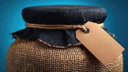 Close-up of a rustic jar with a burlap wrap, dark lid, and tag