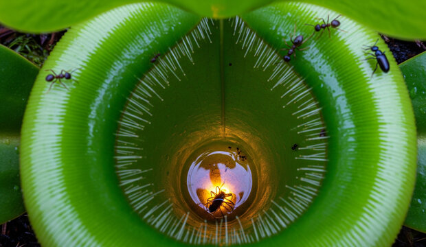 Intriguing view inside a green carnivorous pitcher plant with trapped insects and ants exploring the rim, creating a captivating scene of nature's deadly beauty and survival - Powered by Adobe