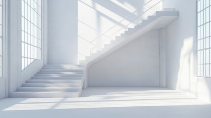 Obraz premium Modern minimalist white interior with staircase and large windows, sunlight streaming in.