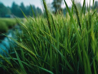 Fototapeta premium Lush green grass with dew drops, near a calm stream