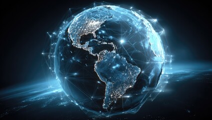 Global network, illuminated Earth, glowing connections