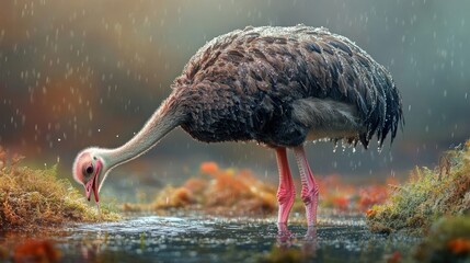 Ostrich foraging in rain, colorful marsh