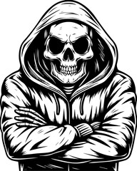 SVG of a rapper-themed skull and skeleton in an edgy tattoo style. Grim Reaper in Hoodie with Crossed Arms in Black and White Illustration