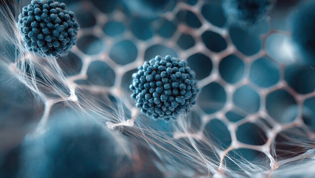 Close-up view of dark-blue spherical structures within a translucent, hexagonal lattice
