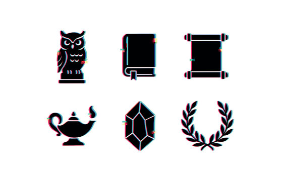 six different glitch effect illustration isolated on white backgorund wisdom owl statue wisdom ancient tome wisdom proverb scroll wisdom lamp of knowledge wisdom philosopher stone wisdom