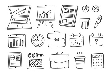 Business Iconography in Doodle Style: A collection of sketched office essentials like laptop, briefcase, calendar, and presentation board