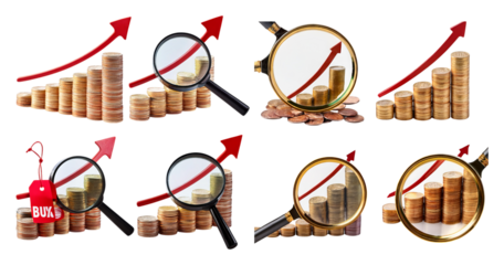 Growth in Financial Investment with Charts and Magnifying Glass Elements, Bundle Set Collection, Isolated on Transparent Background
