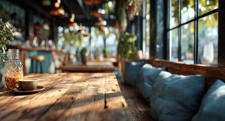 Sunlit cafe interior, rustic wooden table, teal cushions, plants