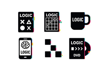 six different glitch effect illustration isolated on white backgorund logic reasoning cards logic grid puzzle pad logic theorem mug logic brain teaser app subscription logic sequence blocks
