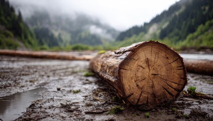 A weathered log rests on muddy ground, forest backdrop